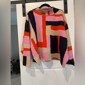 Anthropologie Pink and Red Geometric Turtleneck Sweater